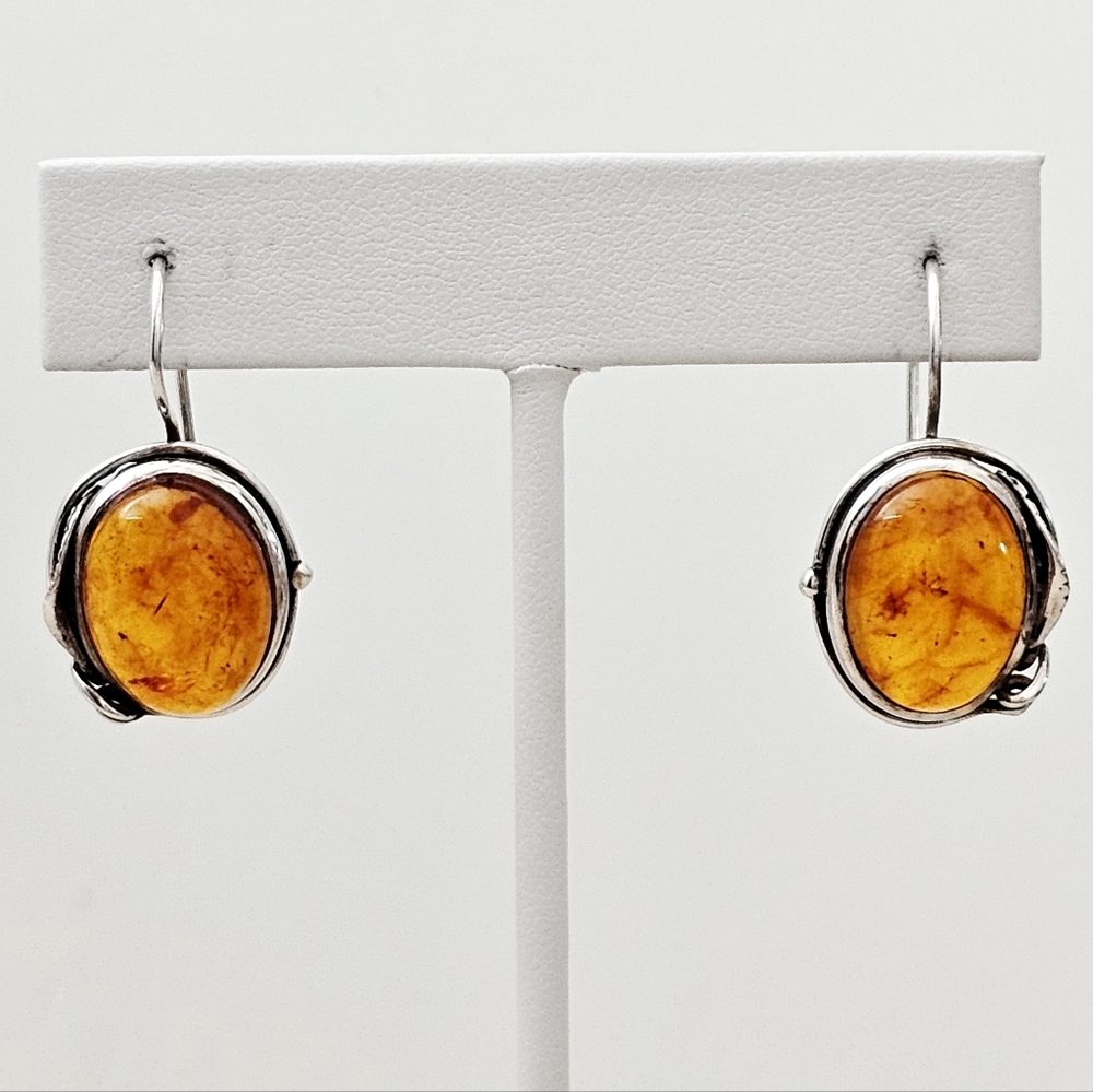 Silpada Rare Sterling Silver Leaf Oval Amber Gemstone Vintage Earrings W1006